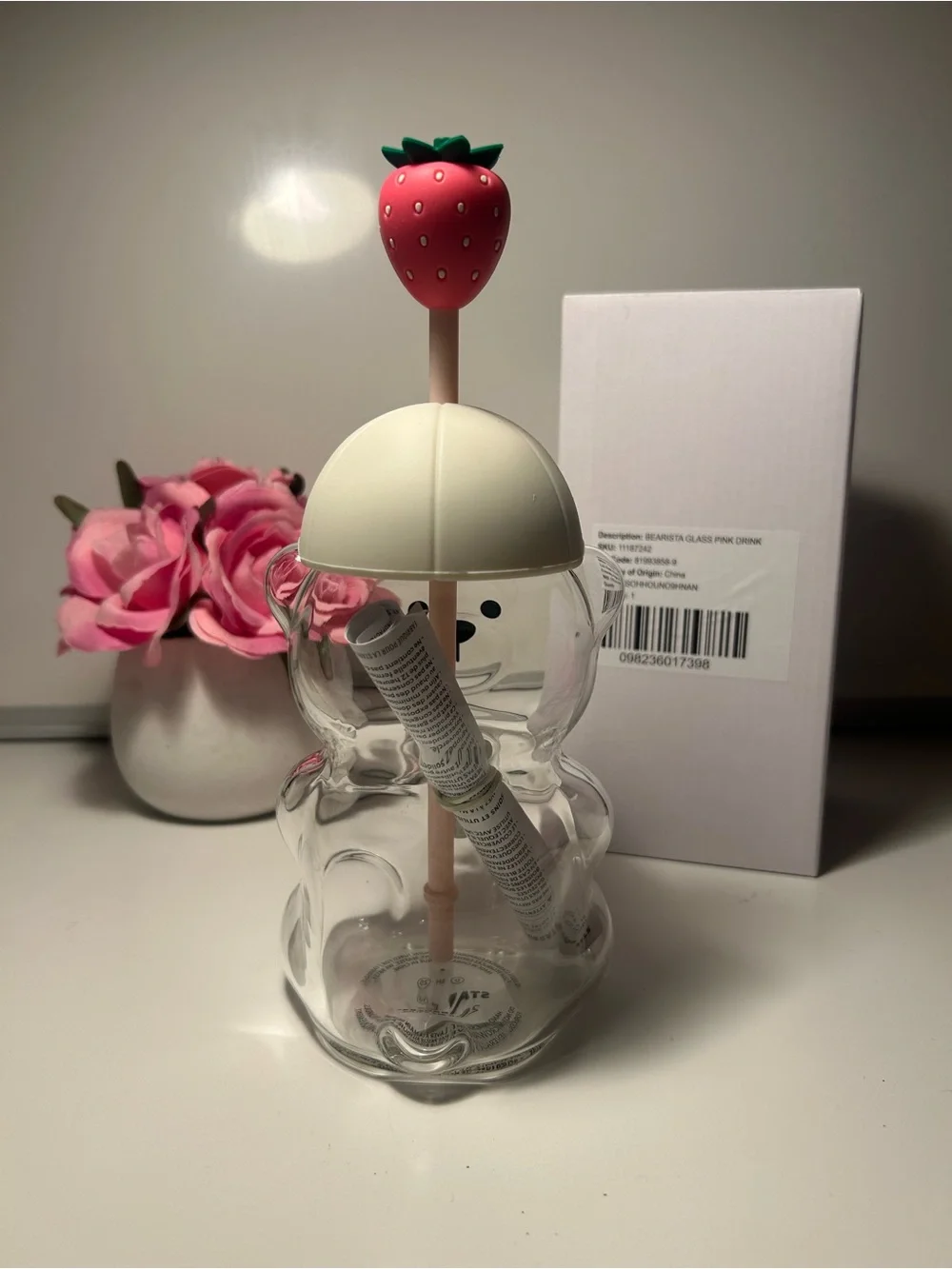 Starbucks Clear Bear Tumbler with Pink Strawberry Topper